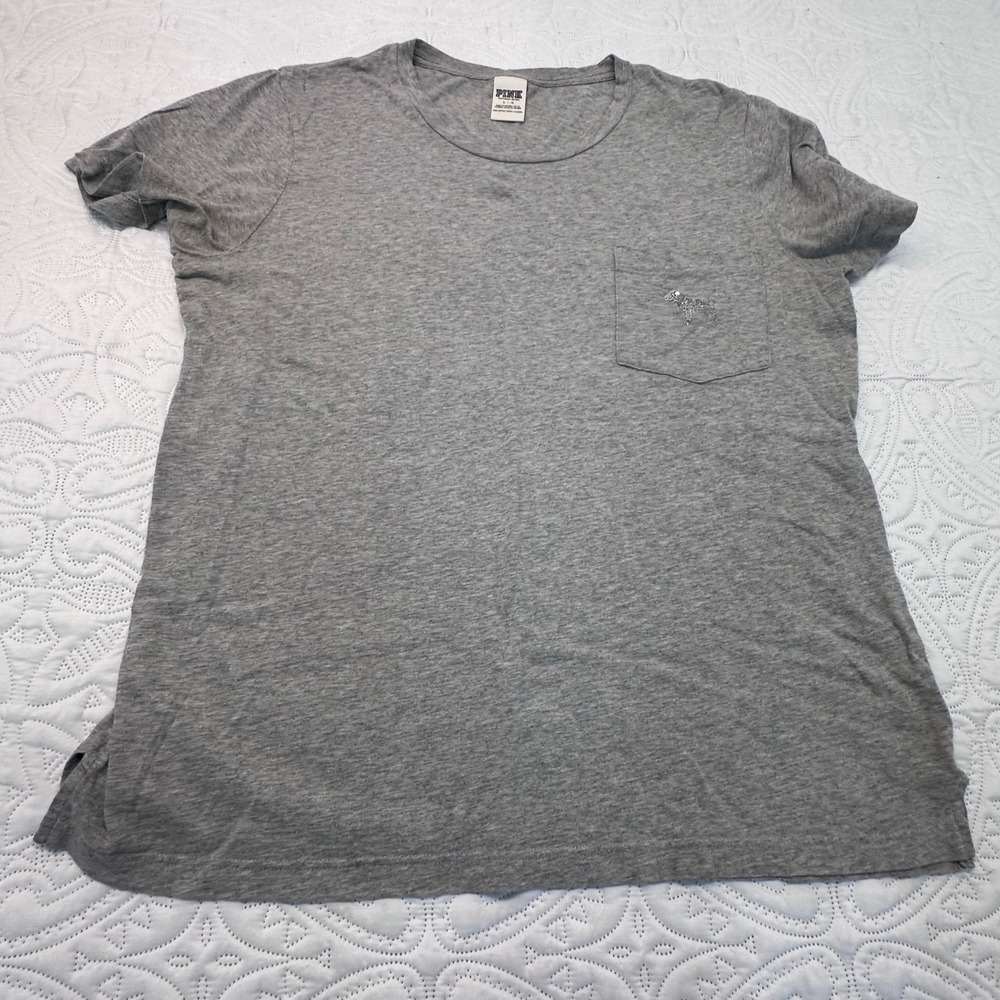 PINK Victoria's Secret Gray Sequin Dog Pocket T-Shirt Large 352290-3G5